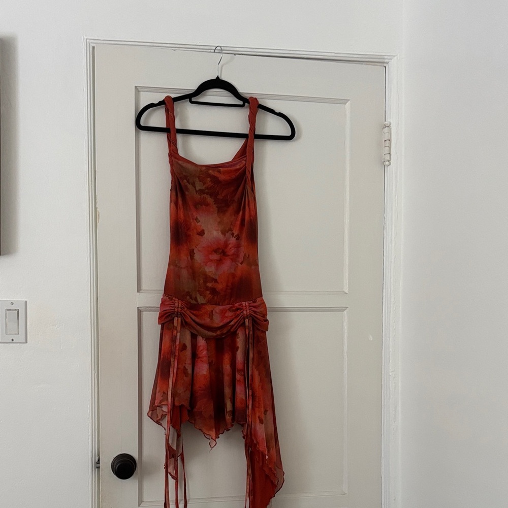 Asymmetrical Floral Slip Dress in Rust Red